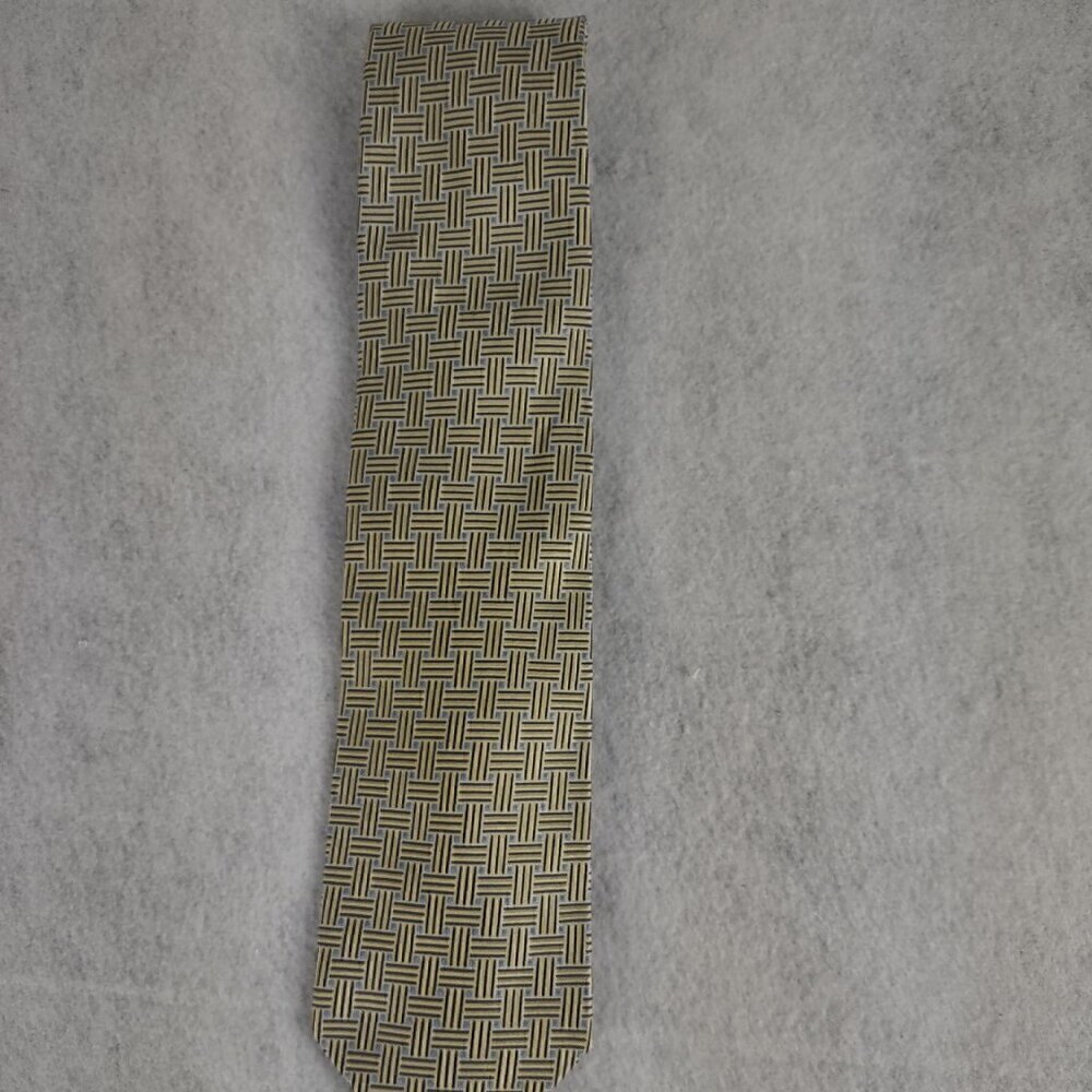 Tommy Hilfiger Gold, Tan, Blue Patterned 100% U.S.A Made Silk Necktie